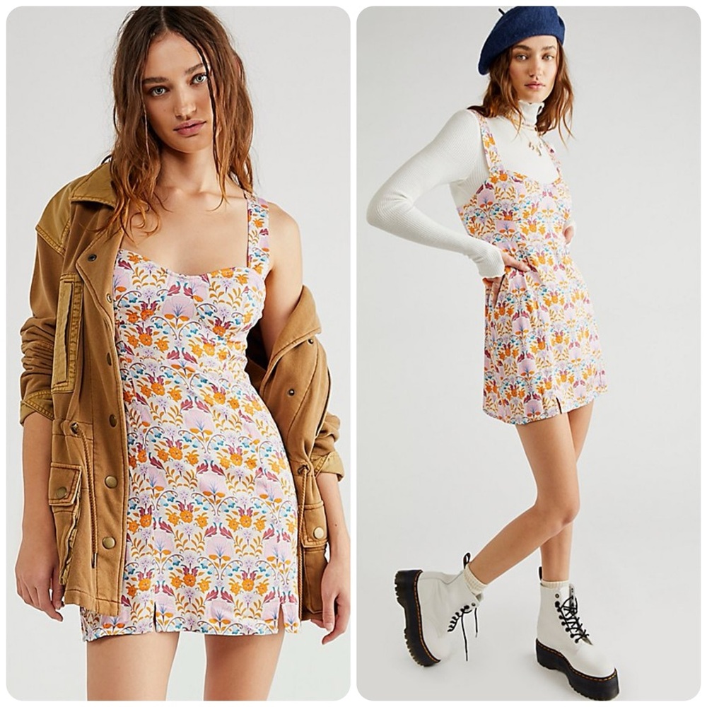 NEW! Free People Ivory Floral Print Sasha Sweetheart-Neck Mini Dress